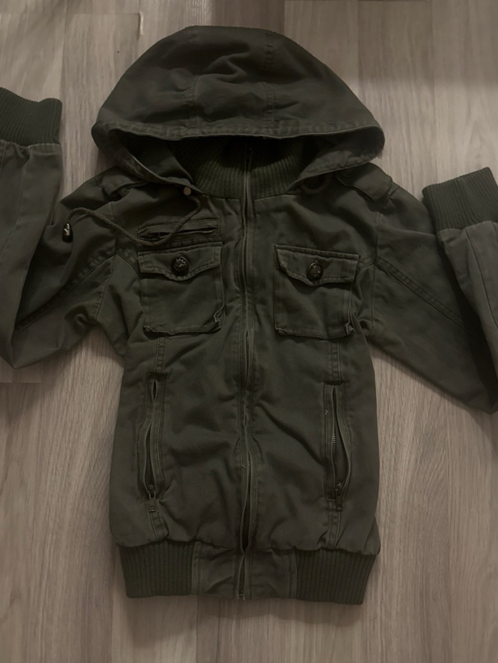 Laura Ashley Olive Green Hooded Kids Utility Puffer Jacket